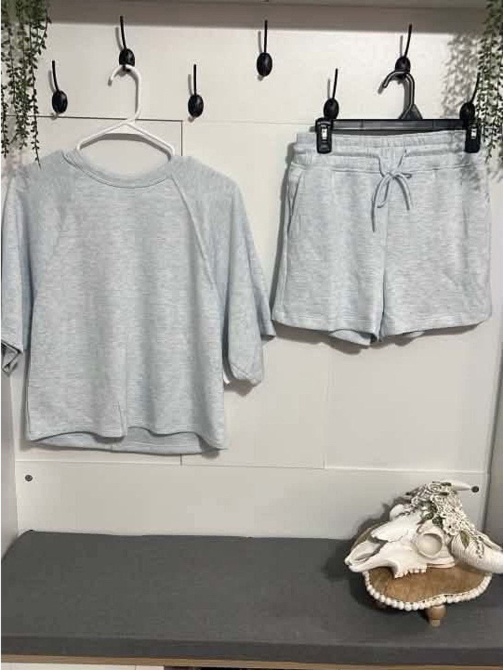 Danskin Light Gray Short Sleeve Sweatshirt & Drawstring Shorts Set